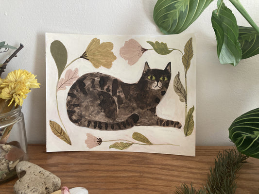 Cat and Flowers Original Painting