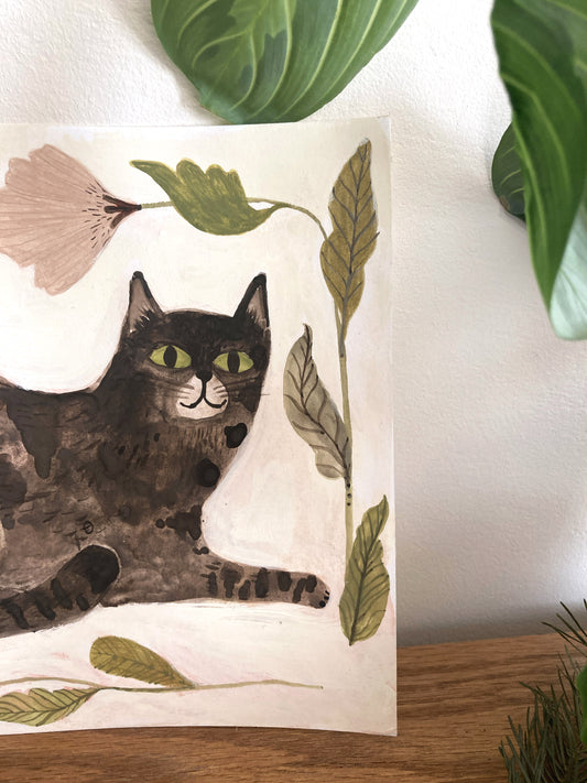 Cat and Flowers Original Painting