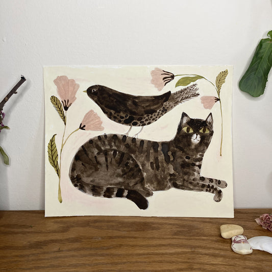 Cat and Bird Original Painting