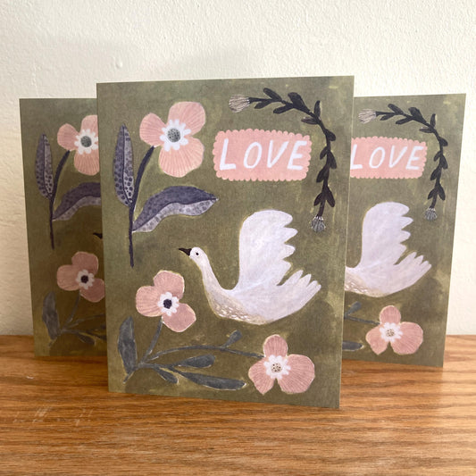 Love Bird and Blooms in Green Greeting Card