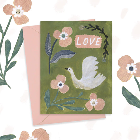 Love Bird and Blooms in Green Greeting Card