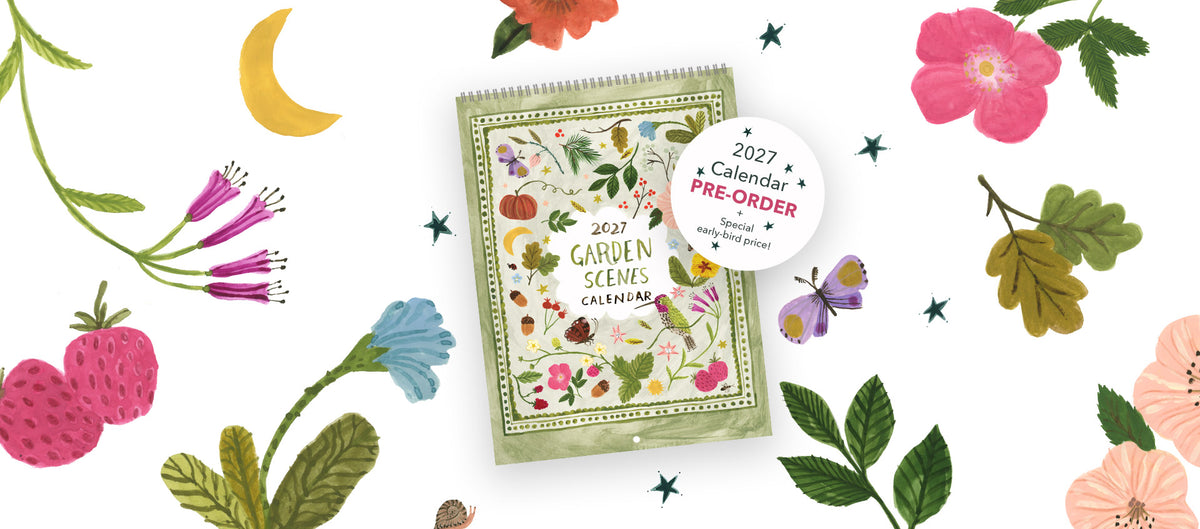 A 2027 Garden Scenes Calendar is shown as a product cover surrounded by decorative botanical illustrations, including flowers, leaves, berries, a crescent moon, and stars, on a white background. A round sticker reads '2027 Calendar Pre-Order'.