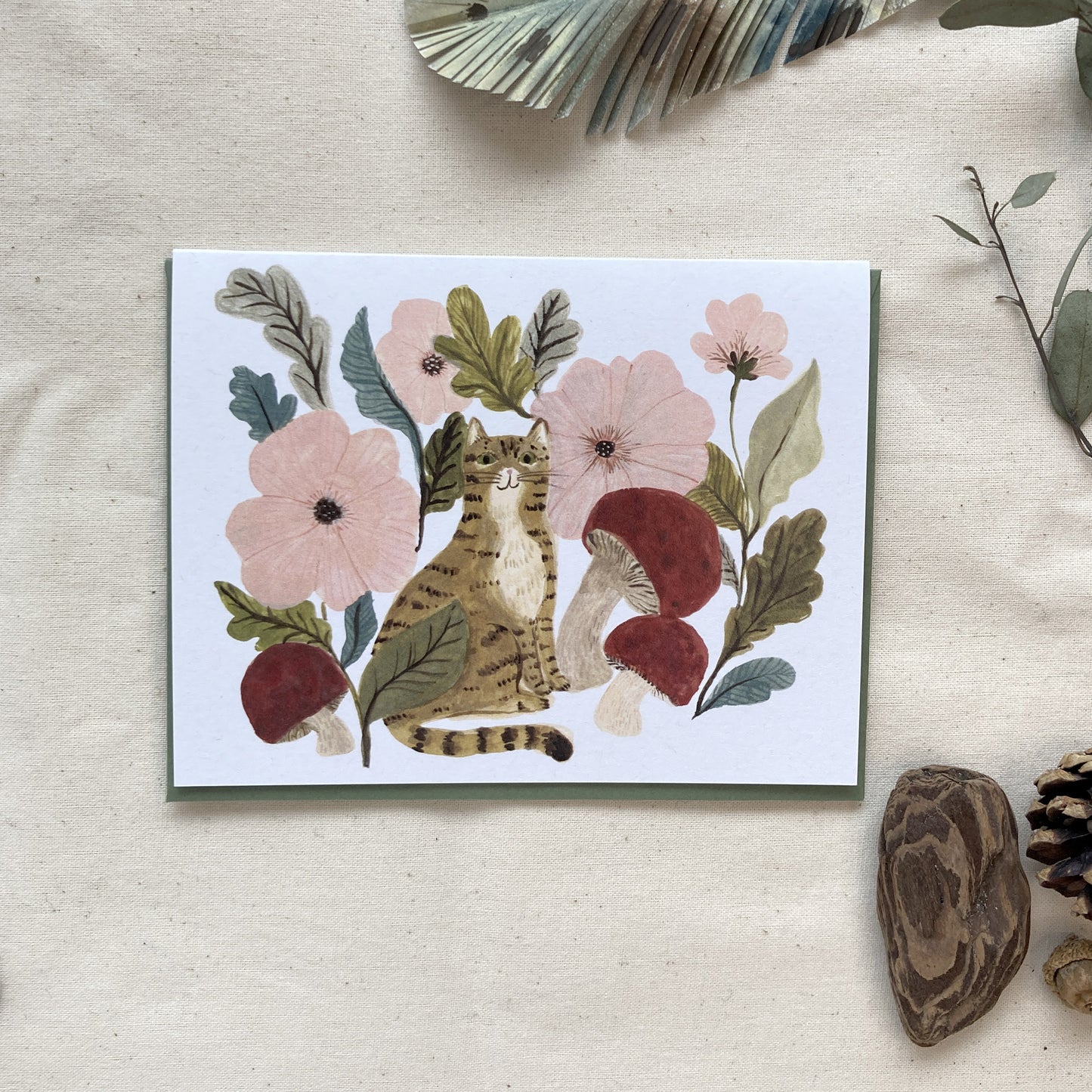 Cat and Mushrooms Greeting Card