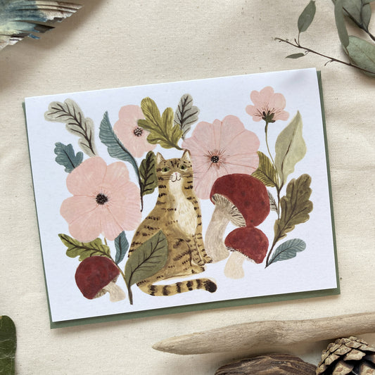 Cat and Mushrooms Greeting Card