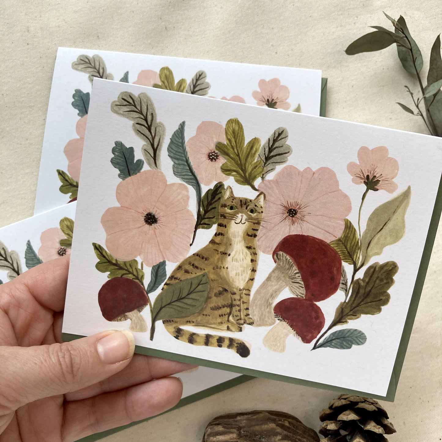 Cat and Mushrooms Greeting Card