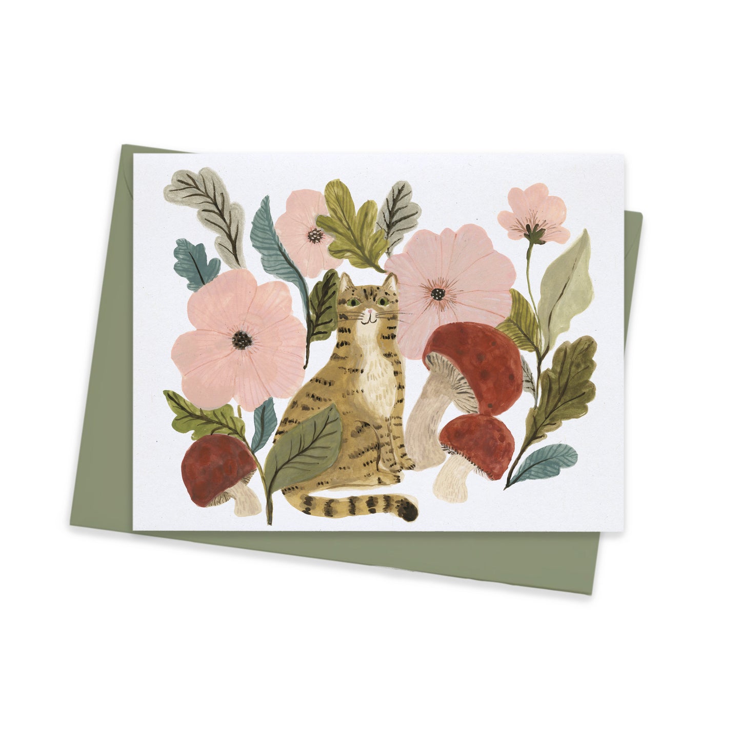 Cat and Mushrooms Greeting Card