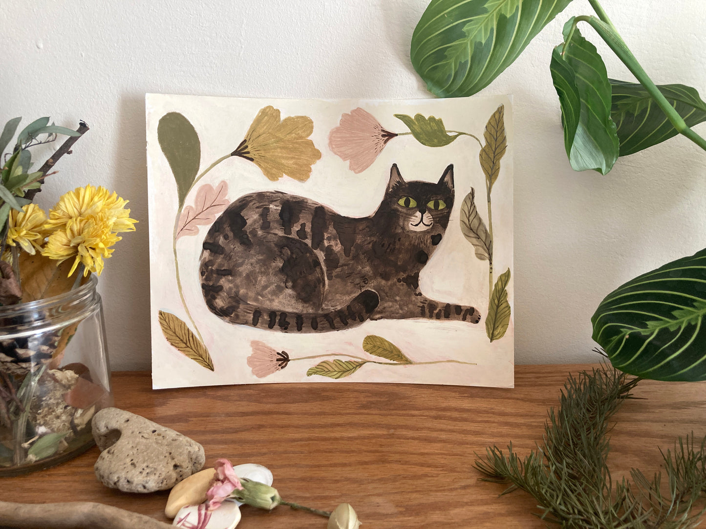 Cat and Flowers Original Painting