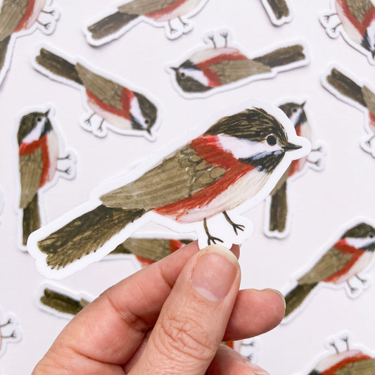 A hand holds a die-cut sticker of a bird with brown, red, white, and black coloring against a white background covered with similar bird stickers.