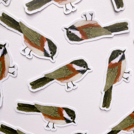 A close-up of bird-shaped stickers arranged on a white background. The stickers depict small birds with olive green wings and back, a white chest, rust-red underparts, and black-and-white facial markings.