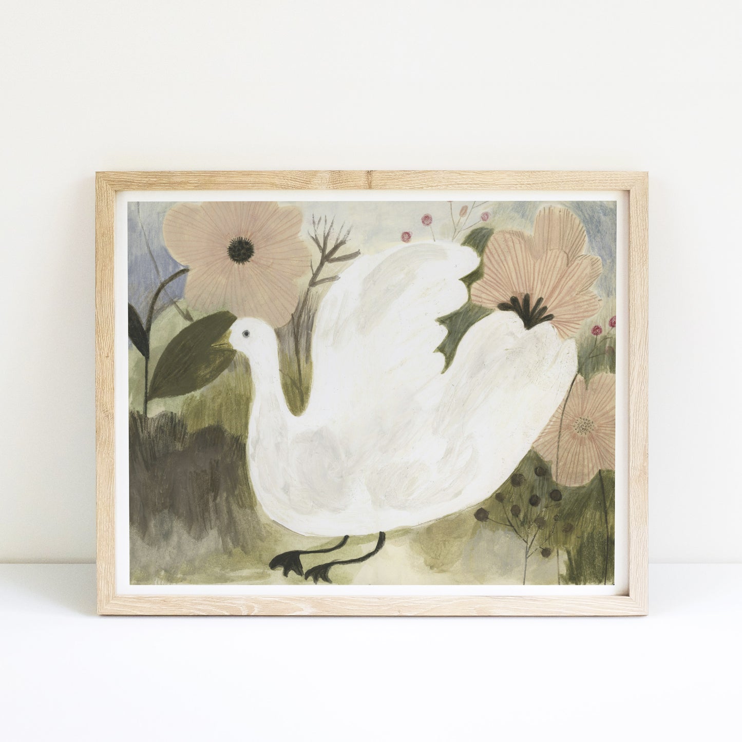 White Goose with Flowers Giclée Print