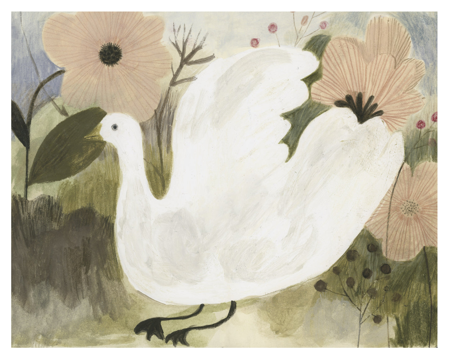 White Goose with Flowers Giclée Print